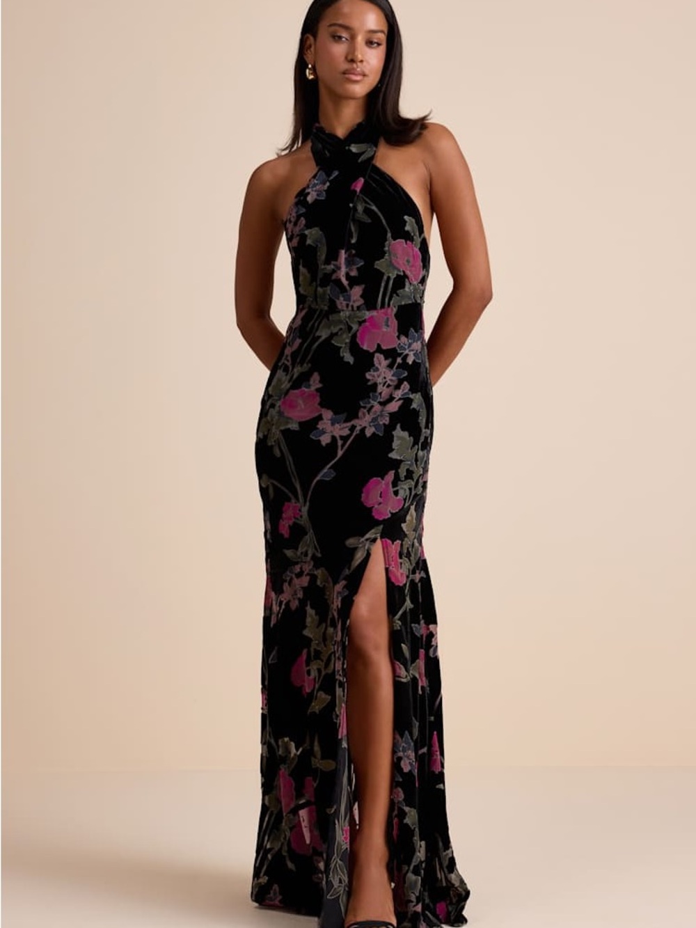 Lulu's Black Velvet Floral Gown with Pink & Green Motif